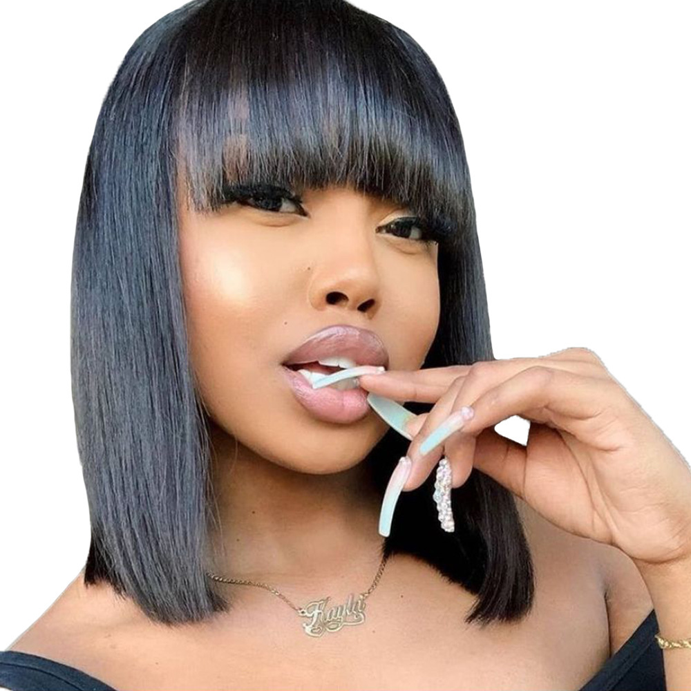 Sleek Charm Bangs Bob – Short Straight Human Hair Wig (No Lace)